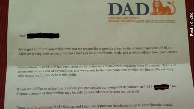 A rejection letter from "Dad Savings And Loan."