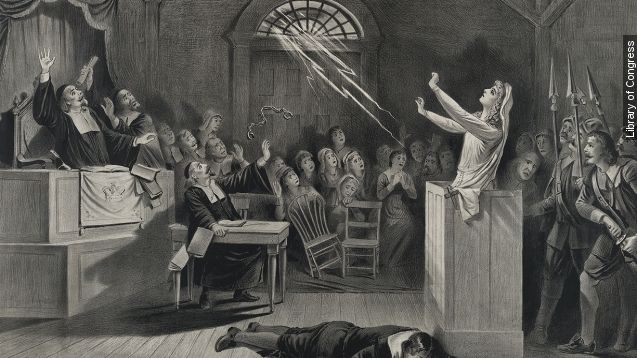 A lithograph depicting the Salem witch trials.