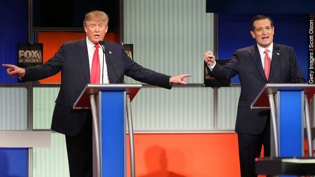 Republican presidential candidates (L-R) Donald Trump and Sen. Ted Cruz (R-TX) participate in the Fox Business Network Republican presidential debate at the North Charleston Coliseum and Performing Arts Center on January 14, 2016 in North Charleston, South Carolina.
