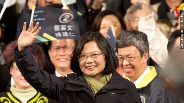 President-elect Tsai Ing-wen waves supporters at DPP headquarter on January 16, 2016 in Taipei, Taiwan.