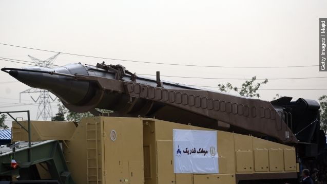 n Iranian surface to surface Ghadr-1 missile is seen during the annual army day military parade.