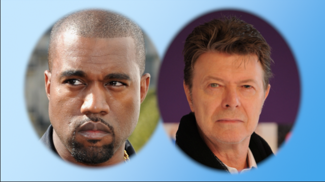 A combined image of rapper Kanye West and late rock star David Bowie.