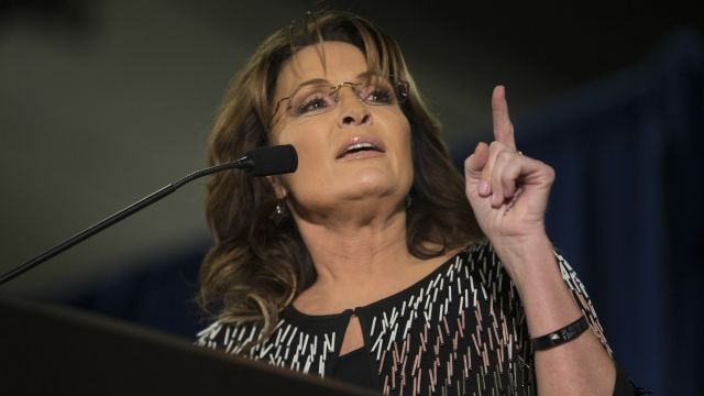 : Former Alaska Gov. Sarah Palin speaks at Hansen Agriculture Student Learning Center at Iowa State University on January 19, 2016 in Ames, IA.