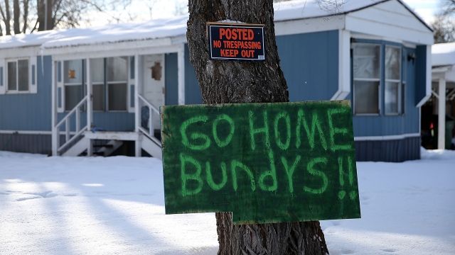 A sign in Burns, Oregon, shows displeasure for the armed conflict at the Malheur National Wildlife Refuge