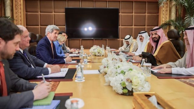 U.S. Secretary of State John Kerry at a bilateral meeting in Saudi Arabia.