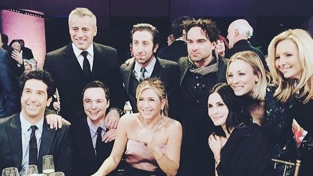 The cast of "Friends" poses with the cast of "The Big Bang Theory" in this photo posted on Instagram by Kaley Cuoco.
