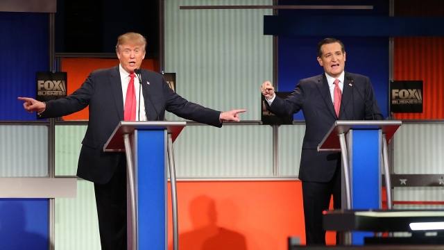 Republican presidential candidates (L-R) Donald Trump and Sen. Ted Cruz (R-TX) participate in the Fox Business Network Republican presidential debate at the North Charleston Coliseum and Performing Arts Center on January 14, 2016 in North Charleston, South Carolina.
