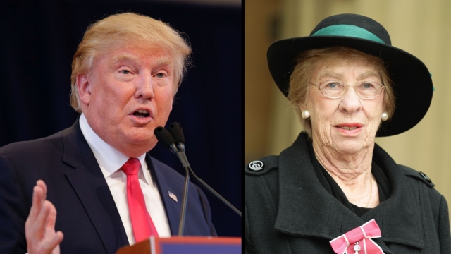 A photo of Republican presidential candidate Donald Trump next to a photo of Anne Frank's step-sister, Eva Schloss.