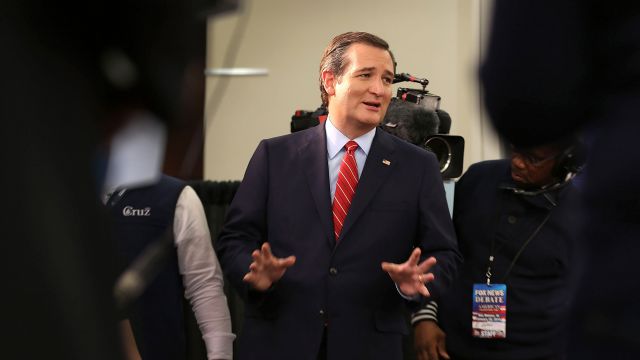 Republican Presidential candidate Sen. Ted Cruz (R-TX) speaks to reporters after the Republican Presidential debate sponsored by Fox News and Google at the Iowa Events Center on January 28, 2016 in Des Moines, Iowa.