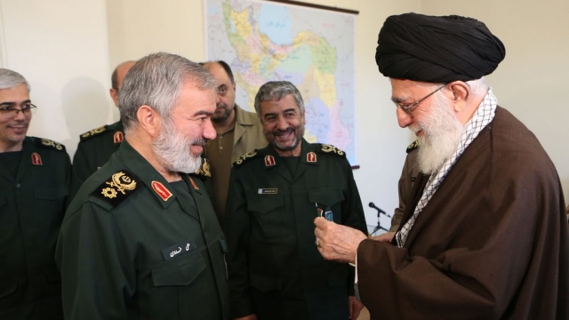 Ayatollah Ali Khamenei awards Iranian naval commanders with the Fath medal.