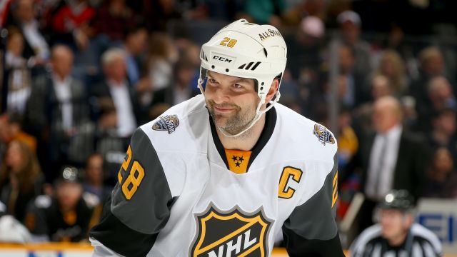 John Scott #28 of the Arizona Coyotes reacts during the Western Conference Semifinal Game between the Central Division and the Pacific Division as part of the 2016 Honda NHL All-Star Game at Bridgestone Arena on January 31, 2016 in Nashville, Tennessee.