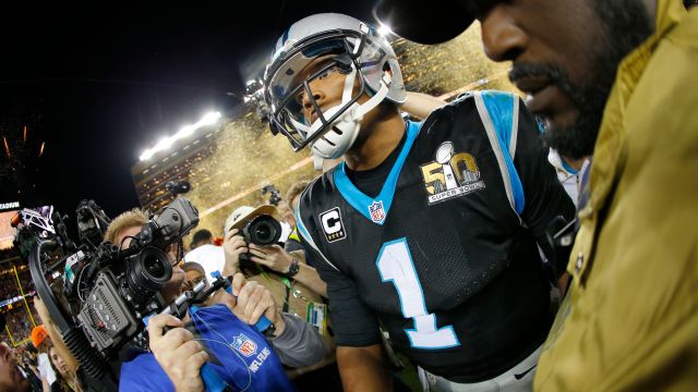 Cam Newton #1 of the Carolina Panthers reacts after the Denver Broncos defeat the Carolina Panthers with a score of 24 to 10 to win Super Bowl 50 at Levi's Stadium on February 7, 2016 in Santa Clara, California.