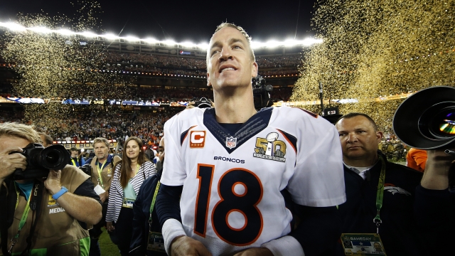 Peyton Manning celebrates after winning Super Bowl 50