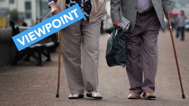 Senior citizens walk along Llandudno Promenade on September 8, 2014 in Llandudno, Wales.