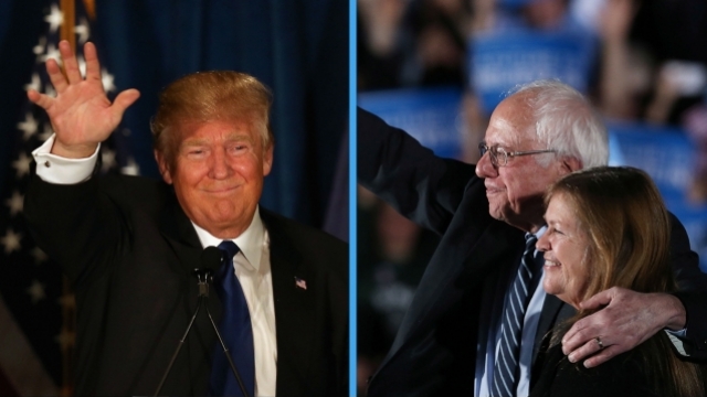 Donald Trump and Bernie Sanders after their decisive wins in New Hampshire.