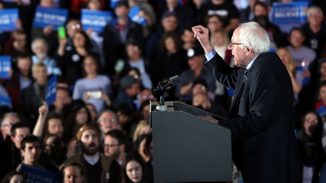 Bernie Sanders (D-VT) speaks on stage after declaring victory over Hillary Clinton in the New Hampshire Primary