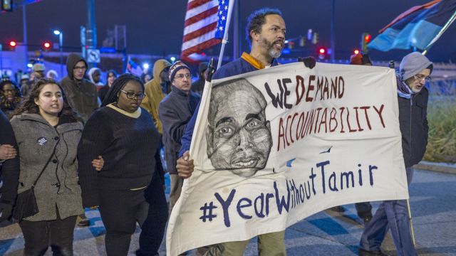 Demonstrators march on Ontario St. on December 29, 2015 in Cleveland, Ohio. Protestors took to the street the day after a grand jury declined to indict Cleveland Police officer Timothy Loehmann for the fatal shooting of Tamir Rice on November 22, 2014.