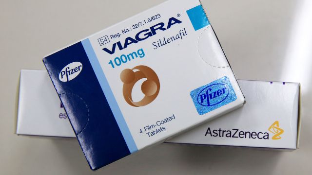 Viagra drugs made by Pfizer and Nexiam (Generic name - Esomeprazole) made by the pharmaceutical firm AstraZeneca are displayed in a Pharmacy on May 15, 2014 in Johannesburg, South Africa.