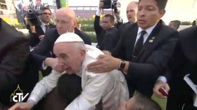 The overly excited crowd in Morelia, Michoacan, nearly pulled Pope Francis to the ground while he was greeting attendees.