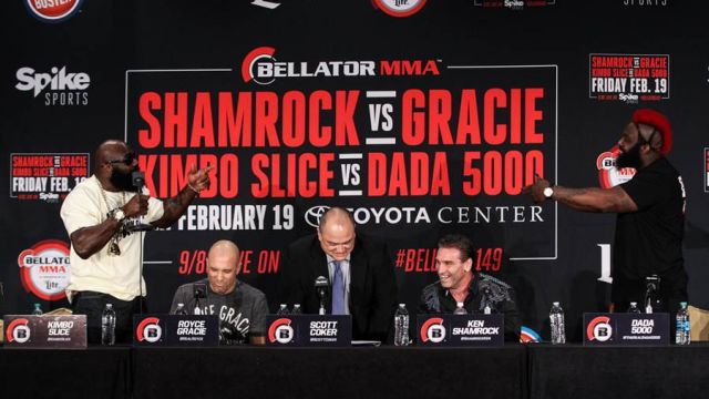 Kimbo Slice (L) and Dada 5000 (R) shout at each other during a press conference before Bellator 149.