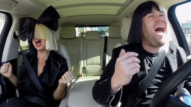 James Corden and Sia in "The Late Late Show'"s Carpool Karaoke sketch.