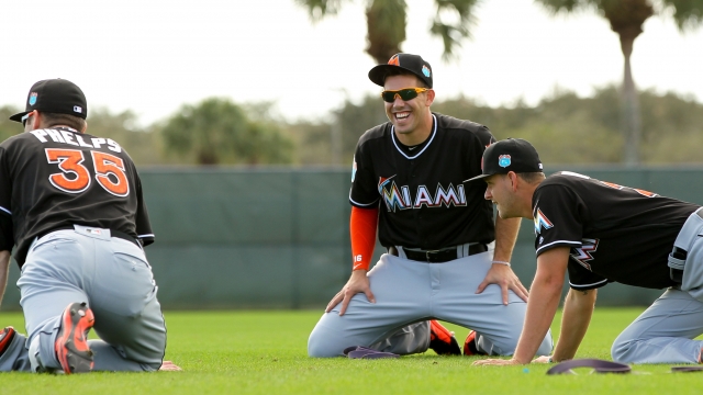 Pitcher Jose Fernandez #16 during a Miami Marlins workout on February 22, 2016 in Jupiter, Florida.