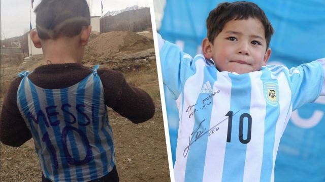 Murtaza Ahmadi shows off his new, autographed Lionel Messi jersey.