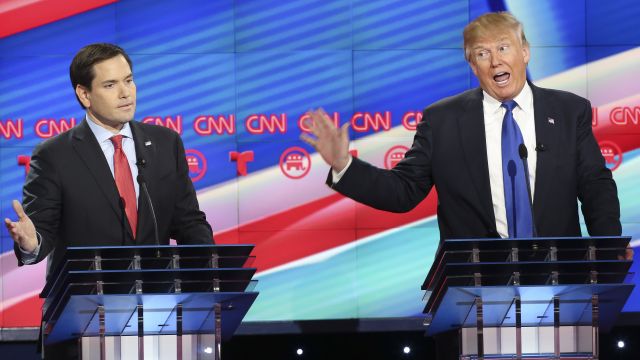 Republican presidential candidates Sen. Marco Rubio and Donald Trump argue during the Republican presidential debate.