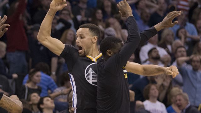 After scoring the winning three-point shot Stephen Curry #30 of the Golden State Warriors celebrates during the overtime period of a NBA game against the Oklahoma City Thunder at the Chesapeake Energy Arena on February 27, 2016 in Oklahoma City, Oklahoma. The Warriors won 121-118 in overtime.