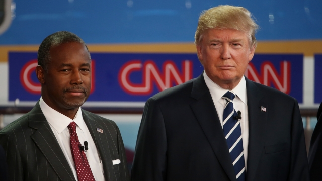 publican presidential candidates Ben Carson and Donald Trump take part in the presidential debates at the Reagan Library on September 16, 2015 in Simi Valley, California.