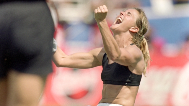 Brandi Chastain of Team USA celebrates during the Women's World Cup against Team China.