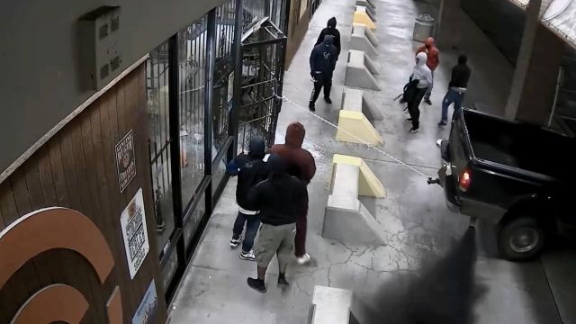 Surveillance footage of a robbery at a Houston gun store.