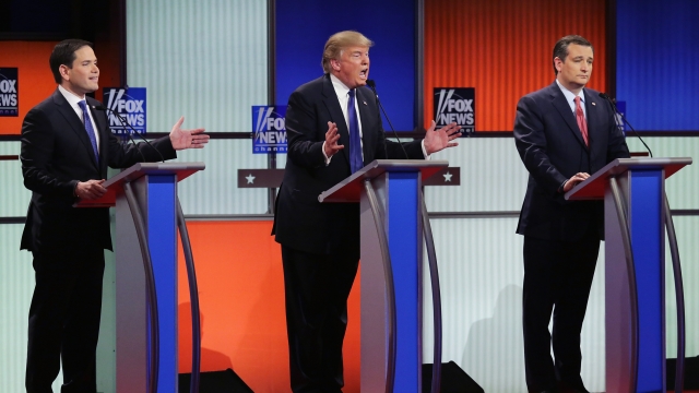 Republican presidential candidates Sen. Marco Rubio (R-FL), Donald Trump and Sen. Ted Cruz (R-TX) participate in a debate.