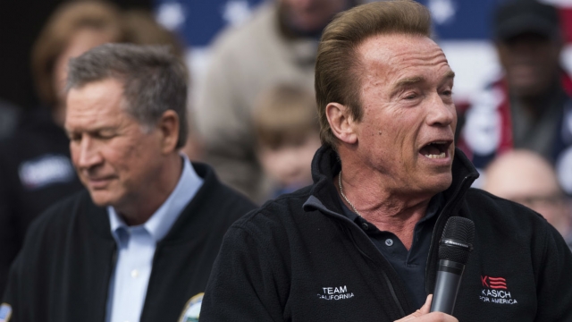 Former California Gov. Arnold Schwarzenegger endorses Ohio Gov. John Kasich in Ohio on Sunday.