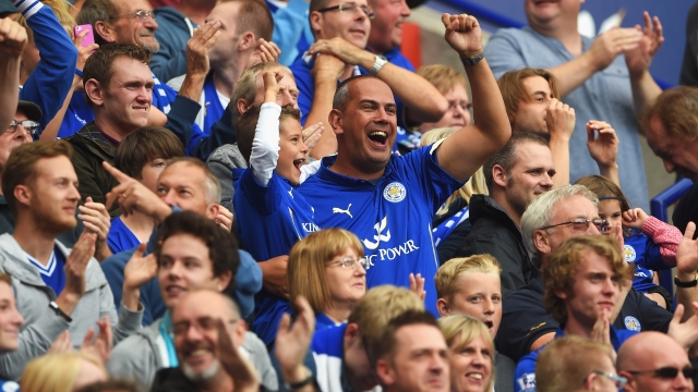 Leicester City fans celebrate during the Barclays Premier League match.