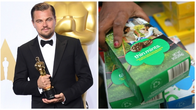 Leonardo DiCaprio stands with his Oscar.