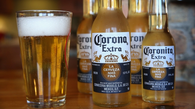 Corona Extra is shown in a bottle and a glass.