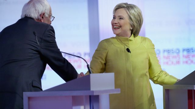 Bernie Sanders and Hillary Clinton during a Democratic debate.