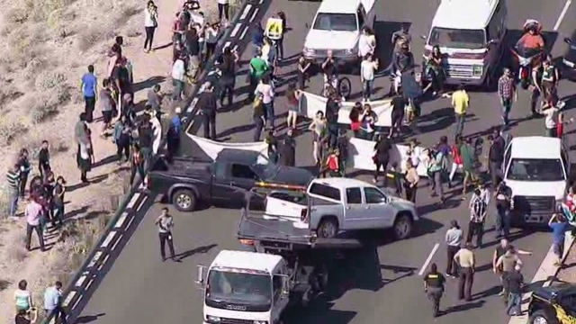 Protesters blocked a main highway leading into a Donald Trump rally.