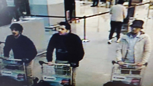 A surveillance image released by Belgian police of the three suspects in Tuesday's terrorist attacks in Brussels.