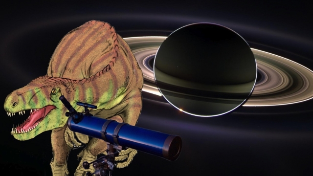 A backlit Saturn, with visible rings, being observed by a dinosaur through a telescope