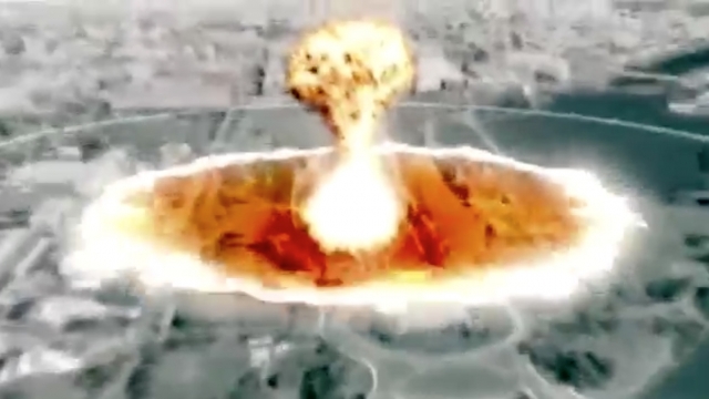 A simulated nuclear warhead sent from North Korea is shown destroying Washington.