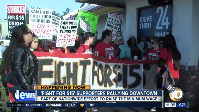 An image from a protest in San Diego to raise the minimum wage to $15 an hour.