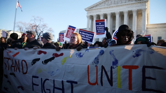 Pro-union activists rallying at the Supreme Court.