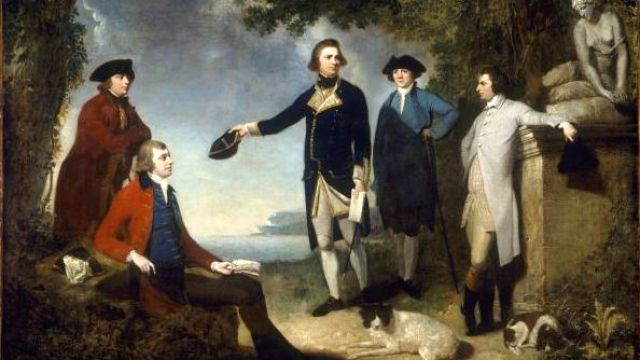 An image of Captain James Cook, Sir Joseph Banks, Lord Sandwich, Dr. Daniel Solander and Dr John Hawkesworth.