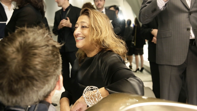 Zaha Hadid at the opening of the Stuart Weitzman Boutique in 2014