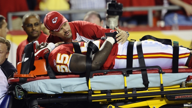Cameron Sheffield of the Kansas City Chiefs is carted off the field after suffering an injury.