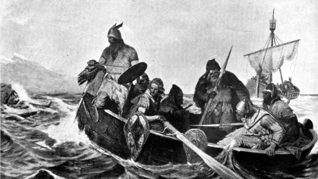 A black-and-white reproduction of a painting showing Norsemen in a ship.