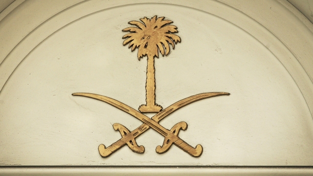The Saudi royal crest is seen on the Saudi Arabian embassy in London.