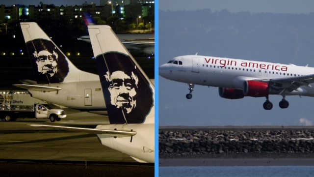 A combined image of planes from Alaska Air Group and Virgin America.